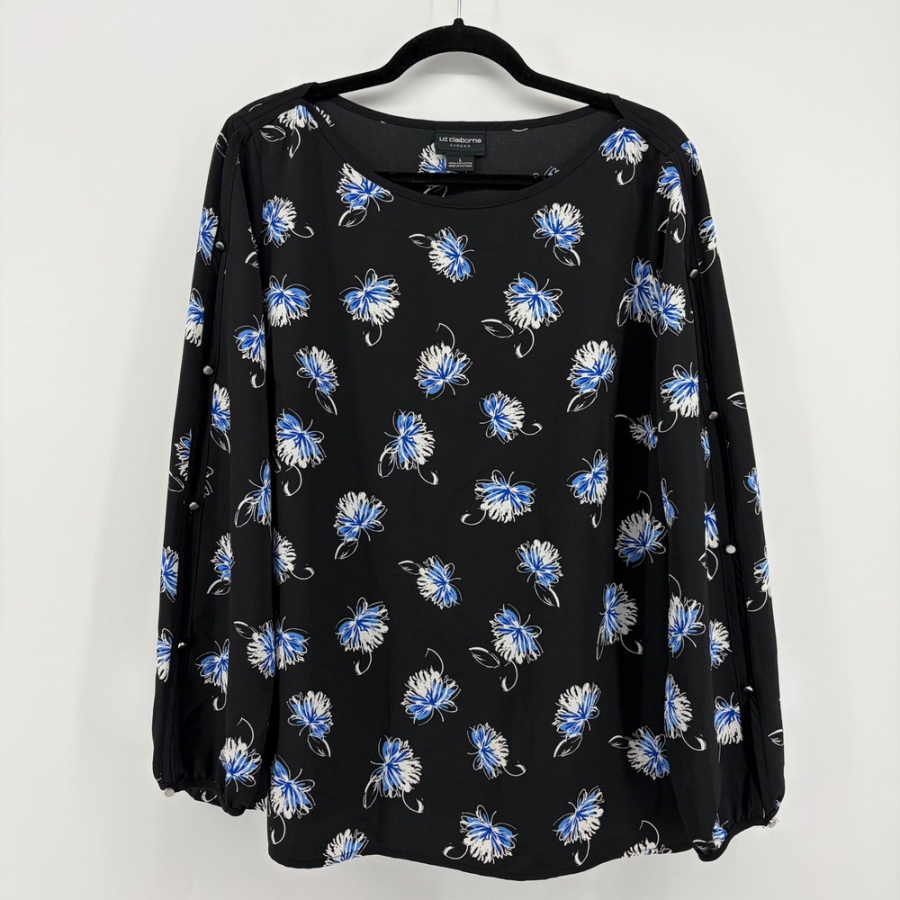Liz Claiborne Career Women Black Blue Floral Print Long Sleeve Blouse Top L